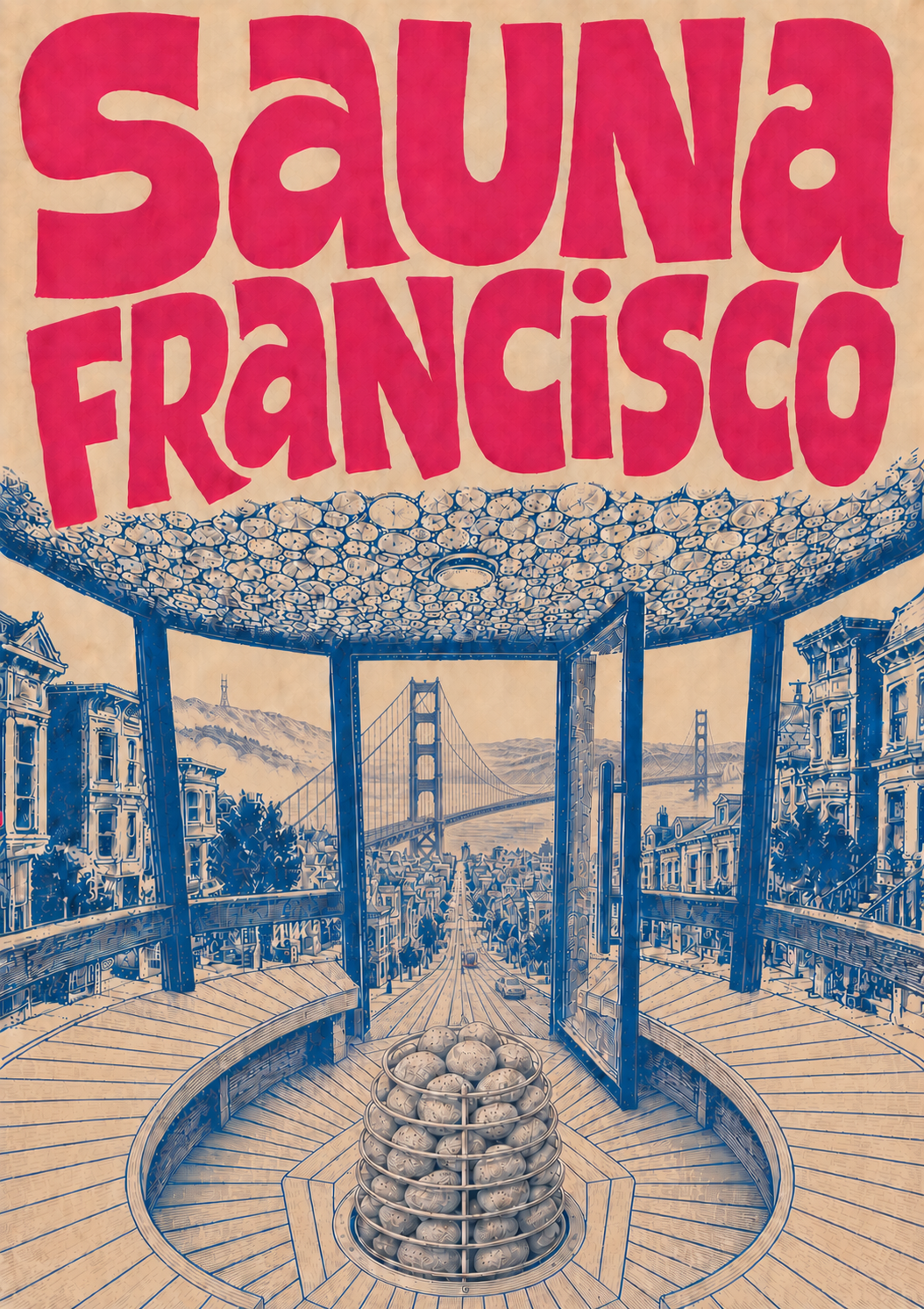 A blue line-art sauna opening onto San Francisco and the Golden Gate Bridge beneath oversized pink Sauna Francisco lettering