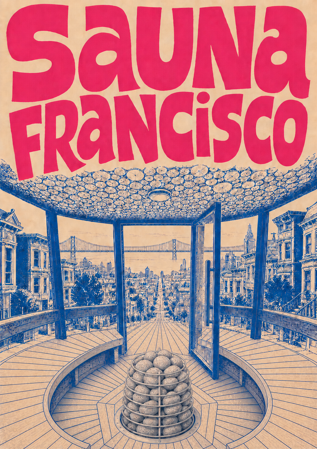 A blue line-art sauna opening onto San Francisco beneath oversized pink Sauna Francisco lettering